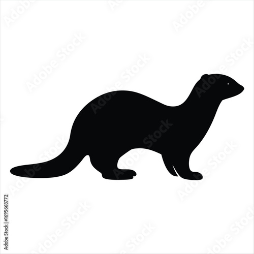 A sleek black silhouette of a ferret standing against a white background