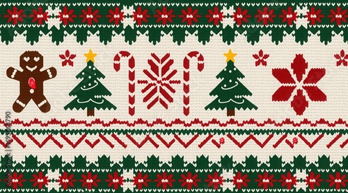Seamless knitted pattern with christmas motifs including gingerbread man, trees, candy canes, and snowflakes on a cream background