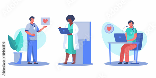 Diverse medical professionals collaborating and using technology in a modern healthcare setting