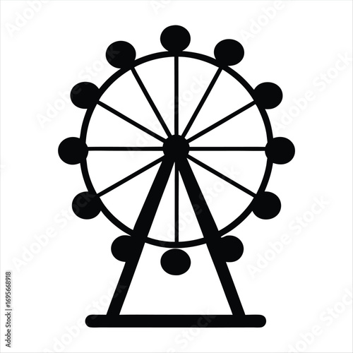 A simple black and white illustration of a Ferris wheel attraction