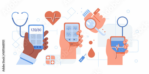Digital health monitoring concept with hands holding smartphones displaying vital signs and medical icons