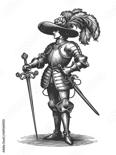 musketeer dressed in ornate armor, wearing a feathered hat, and holding a rapier sword sketch engraving generative ai fictional character vector illustration. Scratch board. Black and white image.