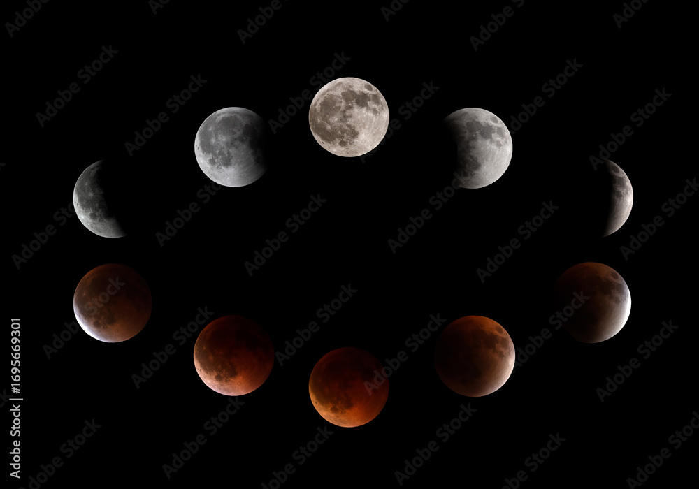 Obraz premium Penumbral, Umbral and total lunar Eclipse phases observed on on 07 September 2025.