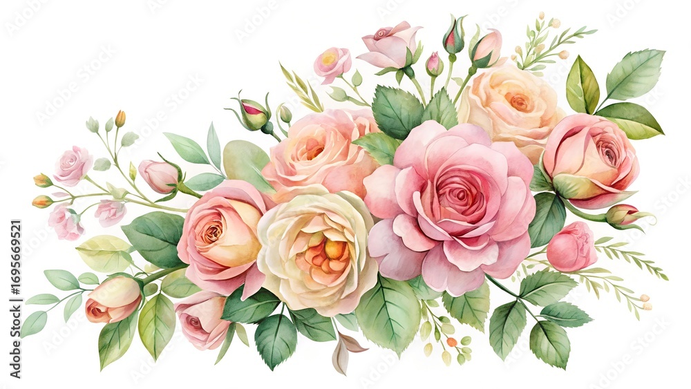 Fototapeta premium Photo of a charming watercolor bouquet of soft pink and peach roses with green leaves and buds, showcasing delicate petals and a romantic, vintage aesthetic