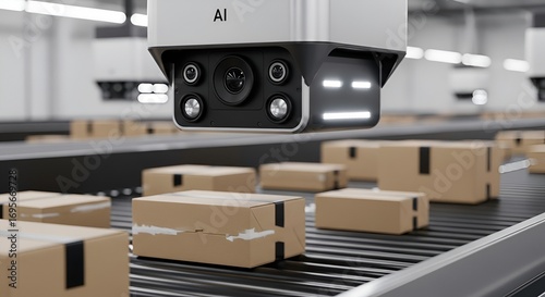 Advanced AI robot arm inspecting packages on a modern automated conveyor belt in a warehouse