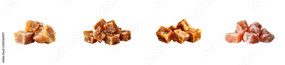 Four piles of sweet confectionery and rock salt chunks, cut out Four piles of sweet confectionery and rock salt chunks, cut out