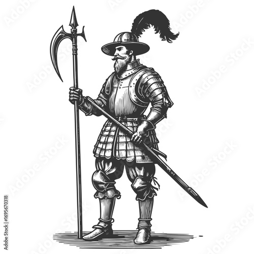 soldier in plate armor holding a halberd, wearing a feathered hat and belt sketch engraving generative ai fictional character vector illustration. Scratch board imitation. Black and white image.