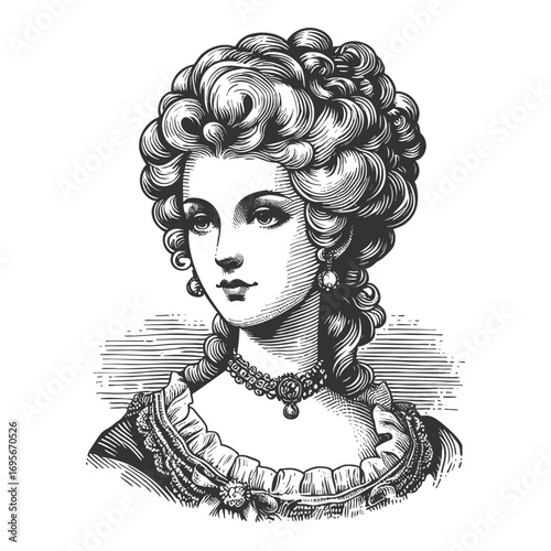 refined woman with elaborate hairstyle, floral adornments, and jewelry, classical elegance sketch engraving generative ai fictional character vector illustration. Scratch board. Black and white image.