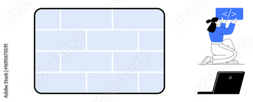 Blue brick wall as a barrier, person kneeling while troubleshooting code on a screen, laptop nearby. Ideal for programming, problem-solving, debugging, coding, system security, technology simple