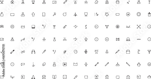 A large set of 100 medical and science icons, organized on one page. Minimalist, monochrome, vector style, perfect lines. White background