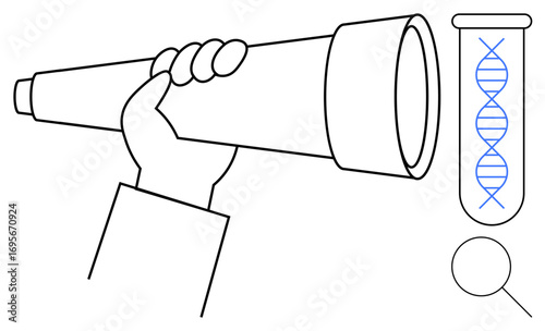 Hand grips telescope focused on DNA helix in test tube, highlighting discovery. Ideal for science, genetics, biotechnology, exploration, research, innovation analysis. Simple flat metaphor