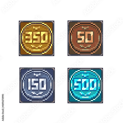 Set of pixel-art coins with value numbers (50, 150, 350, 500). Bronze, silver, gold, and blue glowing colors. Useful as currency or collectible icons in retro games.