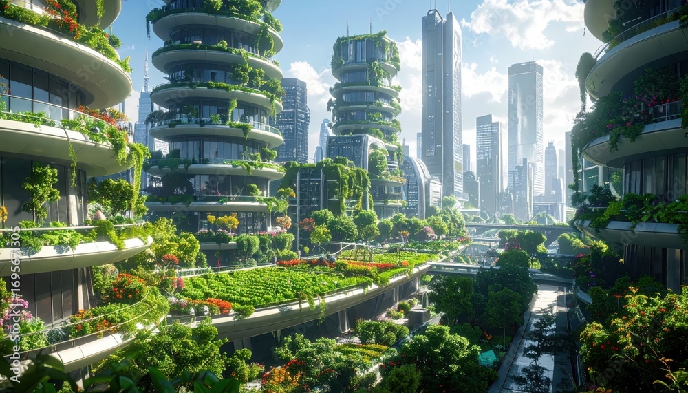 Obraz premium A vibrant, futuristic cityscape, teeming with lush vegetation, showcasing spiraling buildings and a peaceful, green urban landscape.