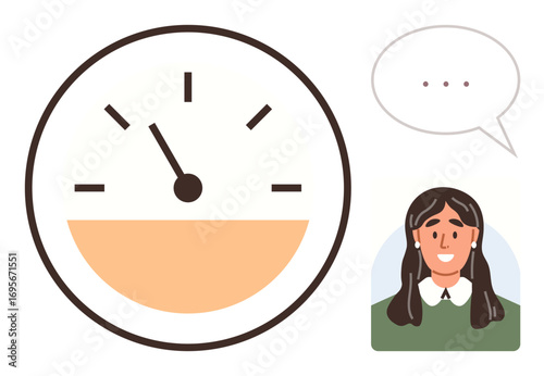 Circular gauge with pointer, thought bubble, and woman s face suggesting evaluation, feedback, or mood. Ideal for productivity, emotions, performance, evaluation feedback motivation psychological