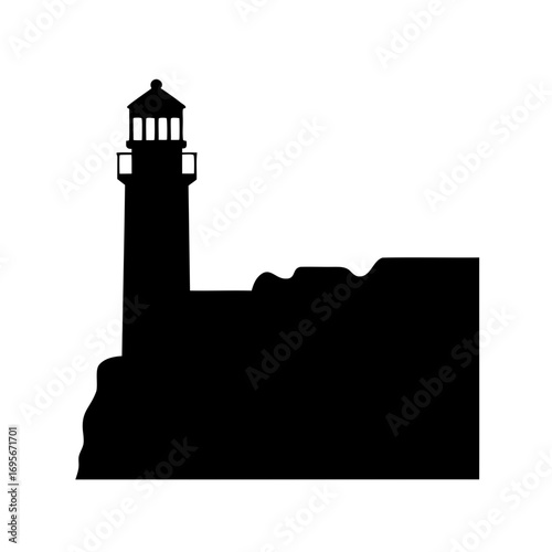 Silhouette of a lighthouse perched on rocky terrain against a white background