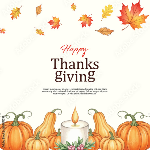 Watercolor, festive background with autumn leaves, sunflowers, pumpkins, ripe fruits and pumpkin pie