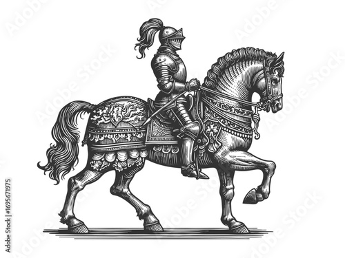 medieval knight in full armor on a decorated horse, symbolizing chivalry, honor, and history sketch engraving generative ai fictional character vector illustration. Scratch board. Black and white.