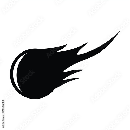 A stylized comet illustration against a white background in solid black color