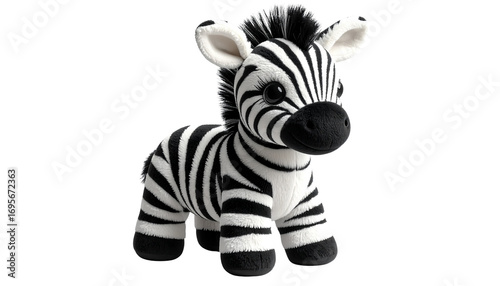Realistic zebra plushie doll with soft texture, black and white stripes, isolated on transparent background, PNG format.

