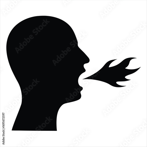 Silhouette of a head spewing flames depicting speech or strong emotion