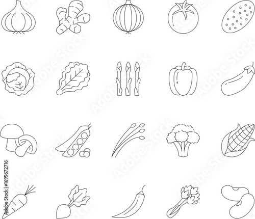 Collection of fresh and healthy vegetable line art icons for culinary and healthy lifestyle designs