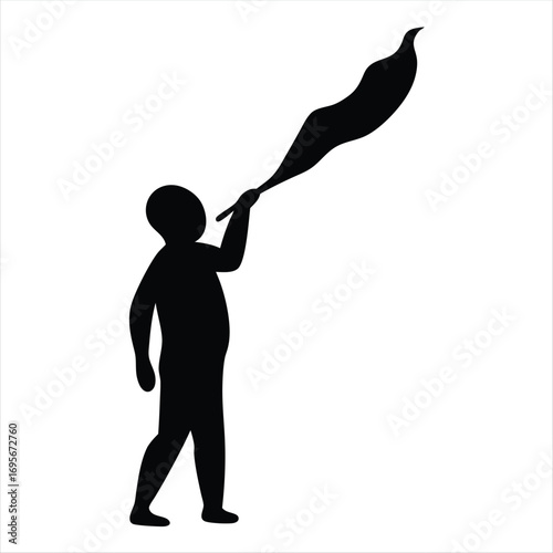 Black silhouette of a boy blowing a long horn up to the sky