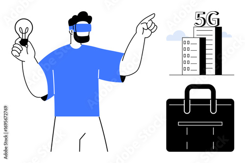 Person in VR headset holding lightbulb, pointing towards 5G-enabled building, and business case below. Ideal for technology, innovation, future, connectivity, creativity, virtual reality