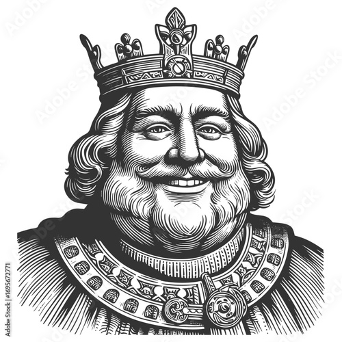 smiling bearded king wearing a crown and ornate armor, symbolizing royalty, leadership, heritage sketch engraving generative ai fictional character vector illustration. Scratch board. Black and white.