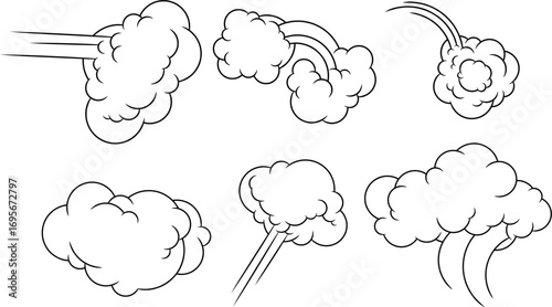 Set of black line art illustrations of clouds or smoke puffs, often used to depict speed, movement, or impact in cartoons, comics, and graphic design
