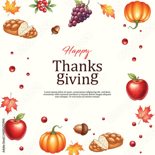 Watercolor, festive background with autumn leaves, sunflowers, pumpkins, ripe fruits and pumpkin pie