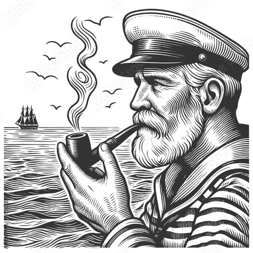 old sailor with a beard smoking a pipe, standing by the sea with sailing ships sketch engraving generative ai fictional character vector illustration. Scratch board imitation. Black and white image.
