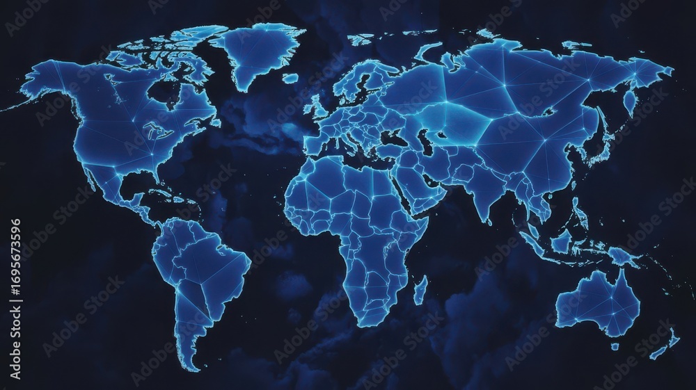 Fototapeta premium Digital World Map with Connected Blue Lines and Dark Background interconnected nodes
