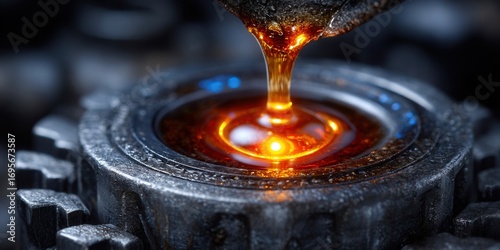 A close-up of oil pouring onto a metal gear, perfect for automotive or industrial themes.