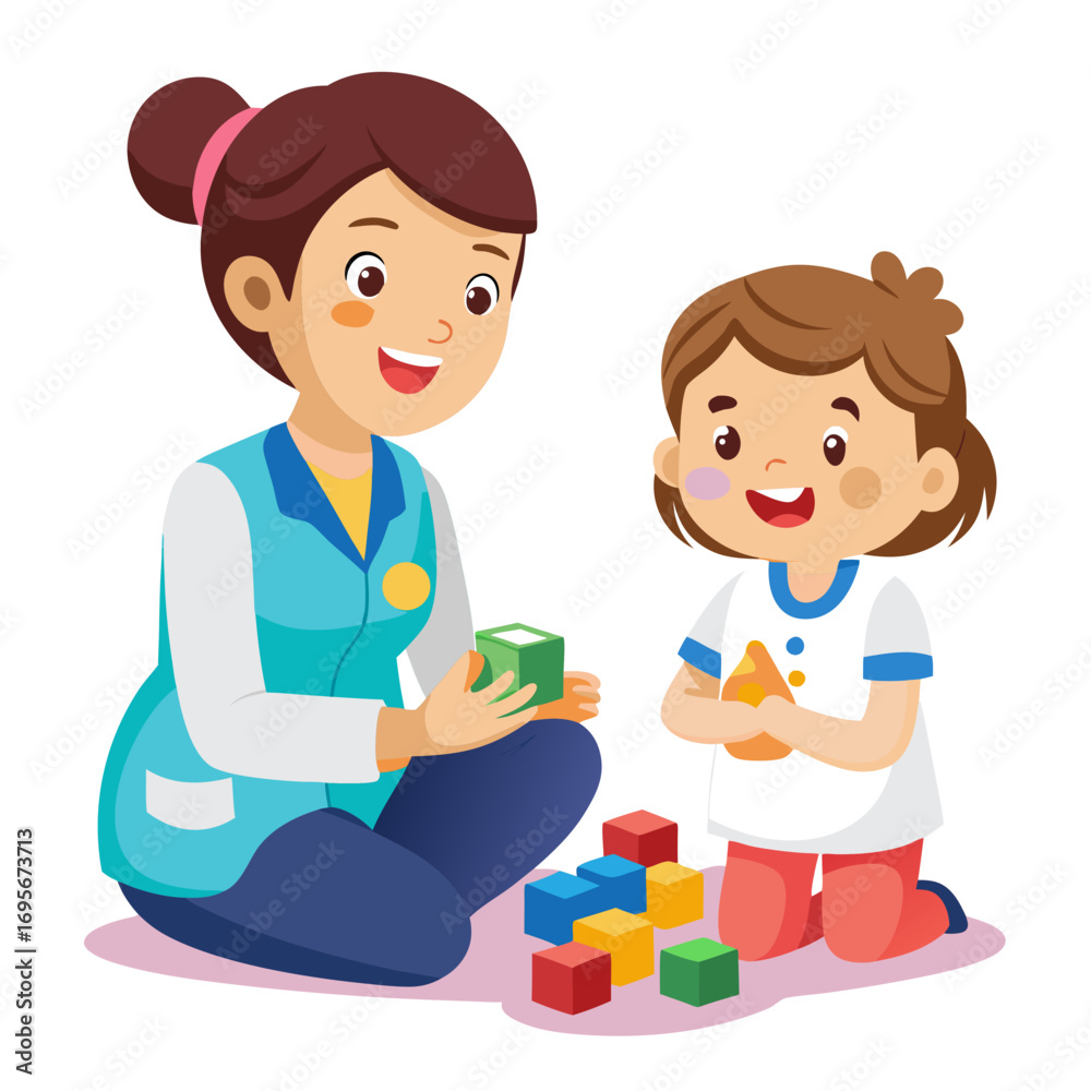 A woman and a child are playing with colorful blocks, promoting development A woman and a child are playing with colorful blocks, promoting development