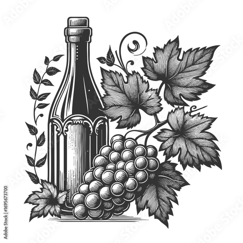 wine bottle surrounded by grape clusters and vine leaves, symbolizing winemaking, vineyards, and tradition sketch engraving generative ai vector illustration. Scratch board. Black and white image.
