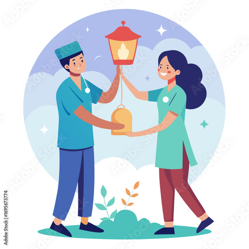 Two healthcare workers holding a lantern together, symbolizing hope and guidance in the medical field