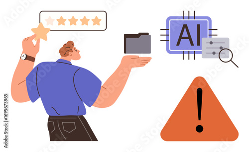 Person holding folder and rating star near AI chip, alert icon, and data filters. Ideal for AI, data management, feedback analysis, tech safety, decision-making, tech development simple flat