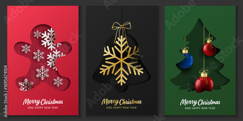Christmas banner with cutout designs on blue, green, red background. Christmas minimal poster ,flayes, cards with Xmas tree, ornament ball, gift box, snowflakes inside shadow, merry Christmas for ads.