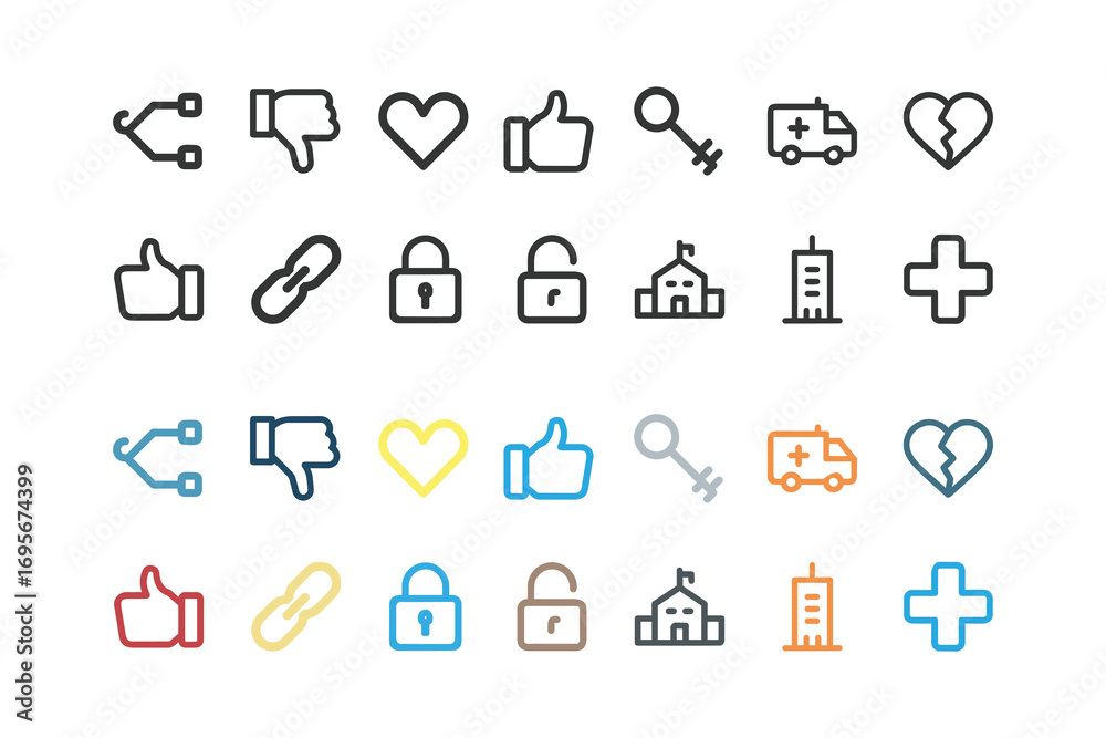 Obraz premium Line Icon Set Sharing, Dislike, Heart, Like, Key, Ambulance, Broken Heart, Lock, School, Hospital