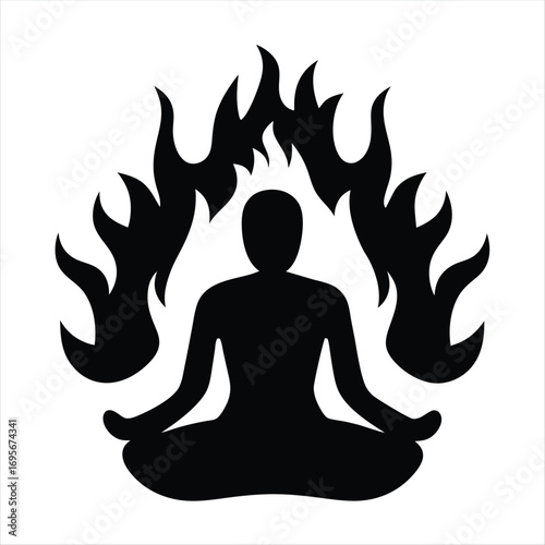 Silhouette of a person meditating surrounded by flames in black and white