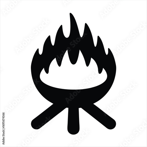 Stylized black and white bonfire illustration with a simple fire pattern