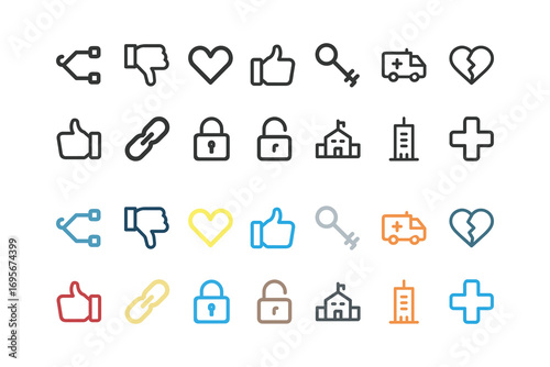 Line Icon Set Sharing, Dislike, Heart, Like, Key, Ambulance, Broken Heart, Lock, School, Hospital