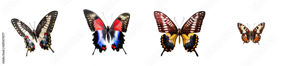 Fototapeta premium Four assorted colorful butterfly wings displayed isolated on transparent background, cut out
