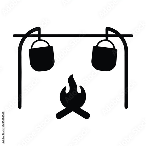 Simple black and white illustration of a campfire with hanging pots