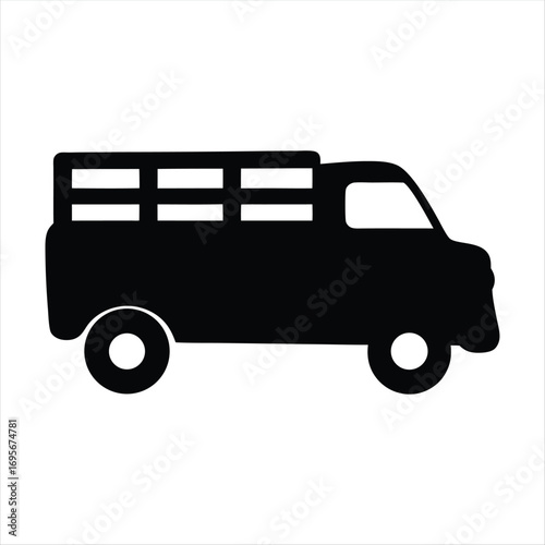 Simple black silhouette icon of a flatbed truck with cargo area