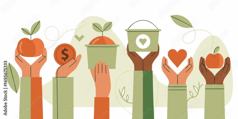 Diverse hands offering support and resources for community growth and well being