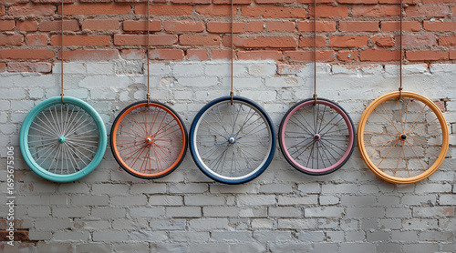 five small, vibrant bicycle wheels suspended artfully against a textured, weathered brick wall, creating a sense of whimsical chaos