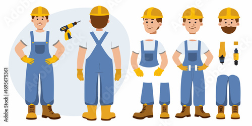 Construction worker character kit with front and back views and customizable body parts and tools
