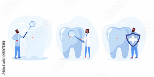 Dentists examining and protecting teeth with magnifying glasses and a shield for dental health care concept