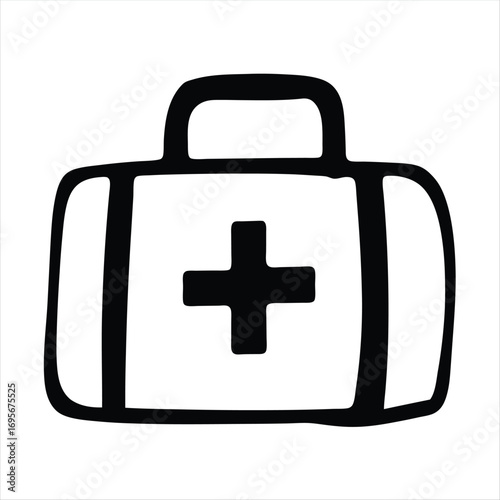 Hand drawn first aid kit icon in black and white vector illustration